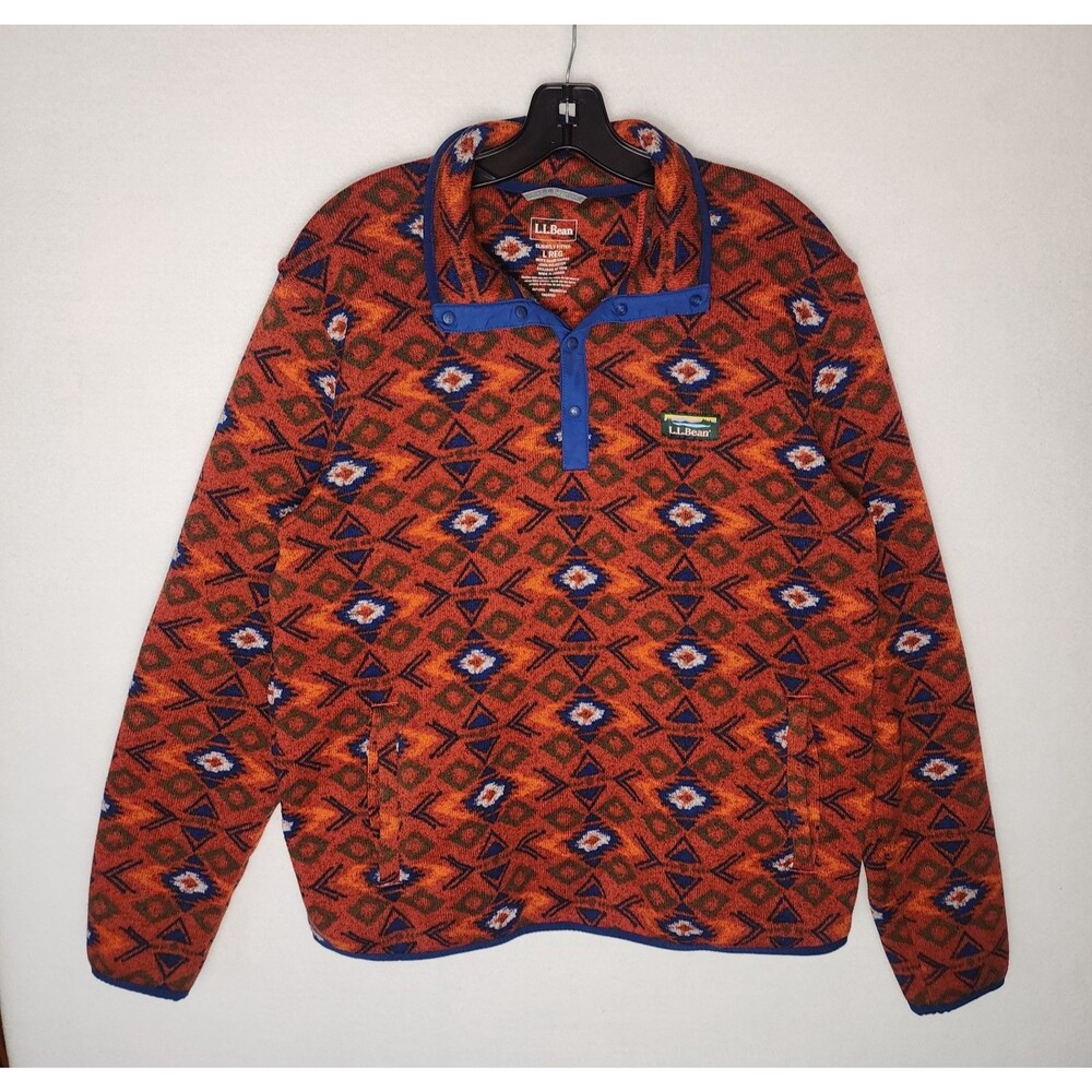 L.L. Bean 1/4 Snap Fleece Sweater Aztec Pattern Orange Blue Mens Large